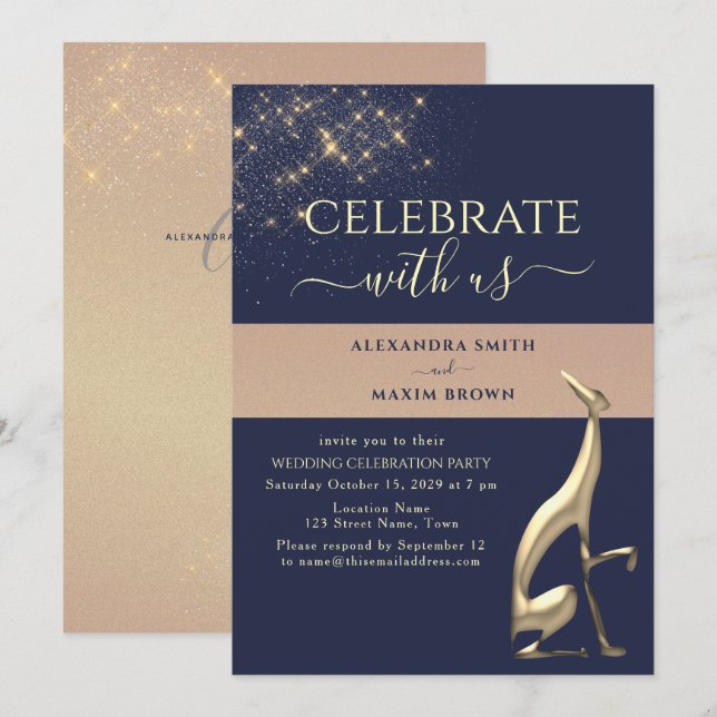 Convite de Recepção de Casamento Azul Marinho Dour (Frente/Verso)