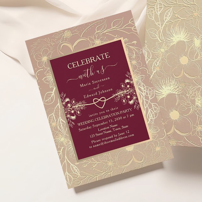 Convite de Recepção de Casamento Burgundy Floral D (Criador carregado)