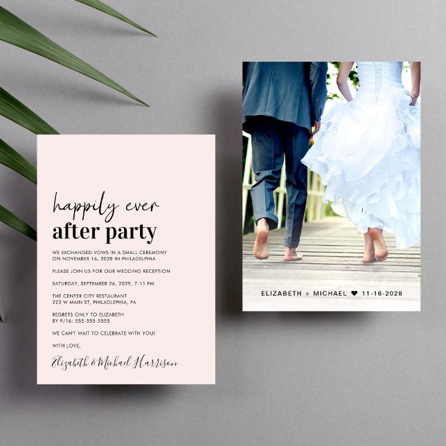 Convite de Recepção de Casamento Cor-de-Rosa Foto  (An chic Happily Ever After Party invitation for your wedding celebration)