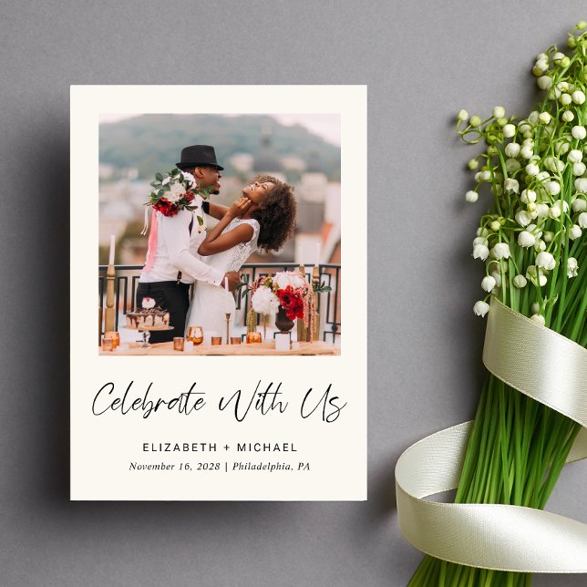 Convite de Recepção de Casamento Creme de Foto Ele (Celebrate your love story with a reception invitation showcasing your favorite wedding photo)