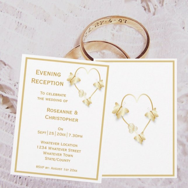 Convite de Recepção de Casamento Dourado Borboleta (Gold wedding evening reception invitation butterflies heart design)