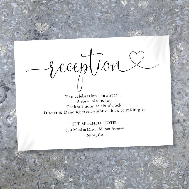 Convite de Recepção de Casamento Elegant Heart Scr (Elegant Heart Script Wedding Reception Enclosure Card)