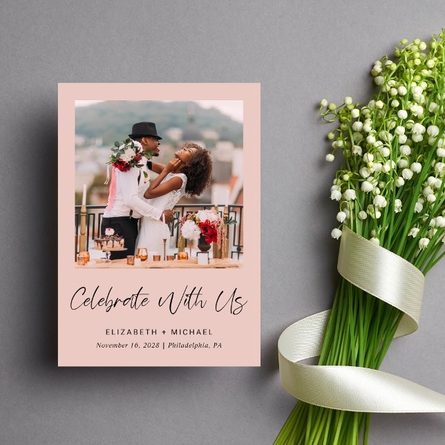 Convite de Recepção de Casamento Elegant Photo Blu (Celebrate your love story with a reception invitation showcasing your favorite wedding photo)