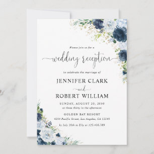 Convite de Recepção de Casamento Floral Azul Marin