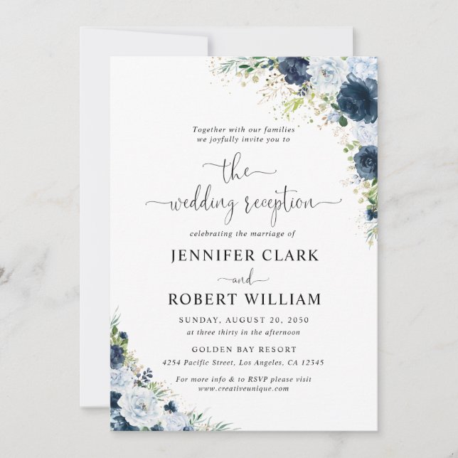 Convite de Recepção de Casamento Floral Azul Marin (Frente)