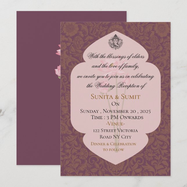 Convite de Recepção de Casamento Indiano de Luxo (Frente/Verso)