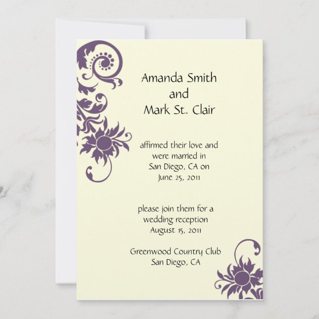 Convite de Recepção de Casamento Roxo e Marfim (Frente)
