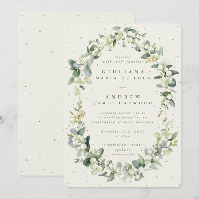 Convite de Recepção Elegante Creme Snowberry+Eucal (Frente/Verso)