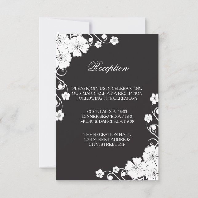 Convite de Recepção Preto e Branco Floral (Frente)