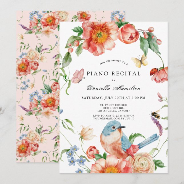 Convite de Recital de Piano com Flores Cor-de-Rosa (Frente/Verso)