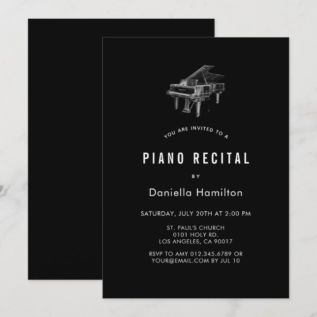 Convite de Recital de Piano Preto Minimalista (Frente/Verso)