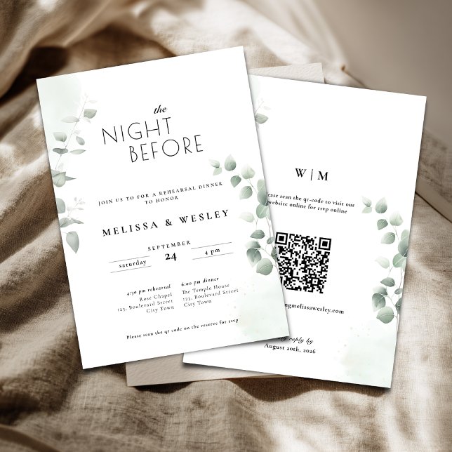 Convite de Rehearsal de Casamento QR Code Greenery (Greenery eucalyptus rehearsal invitation with qr code.)