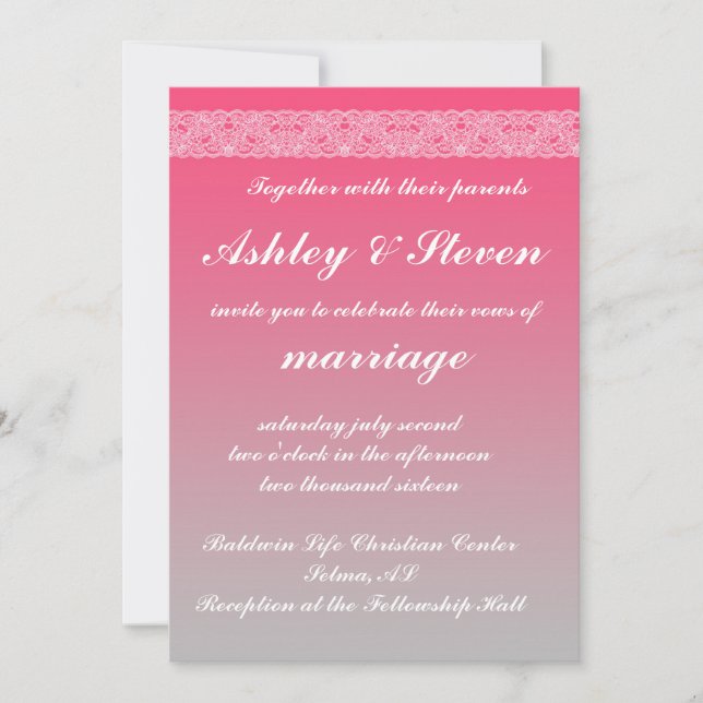 Convite de rendas cor-de-rosa e branco (Frente)