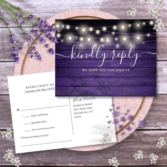 Convite de Resposta com Luzes de Corda Rústicas Ro (Purple Rustic String Lights Song Request RSVP Invitation Postcard)