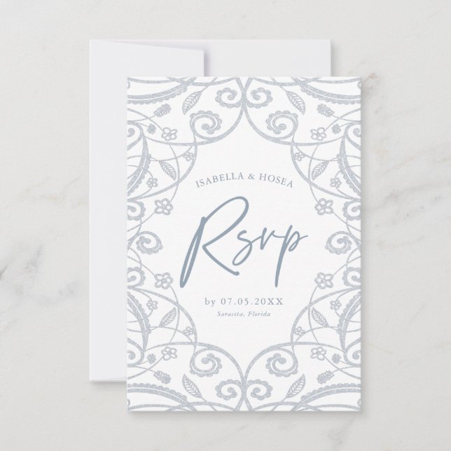 Convite de Resposta de Casamento Azul Poeira Prata (Frente)