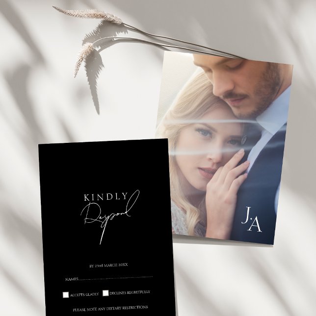 Convite de Resposta de Casamento com Foto e Letra  (Minimalist Black Simple Script Photo Wedding RSVP Card)