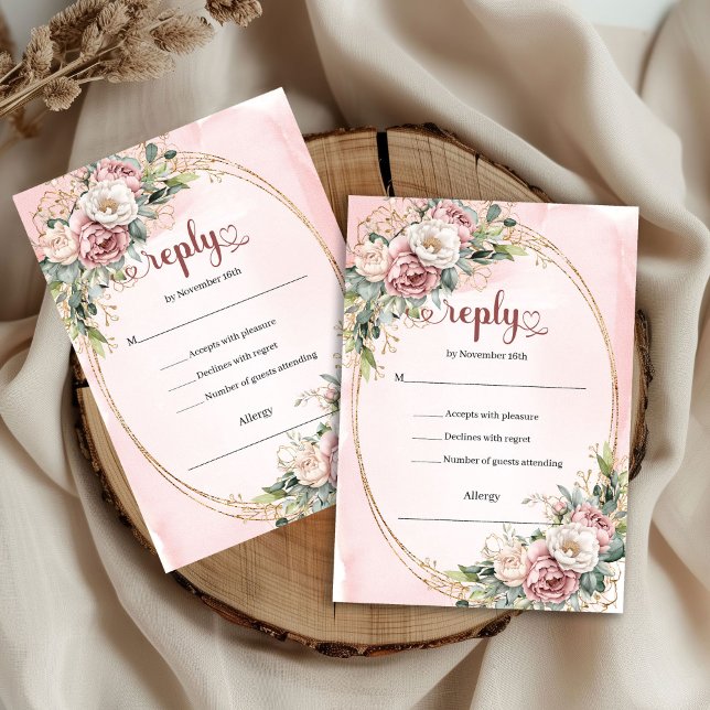 Convite de Resposta de Casamento em Rosa Bege Clás (Classic Blush Pink Eucalyptus Wedding RSVP)