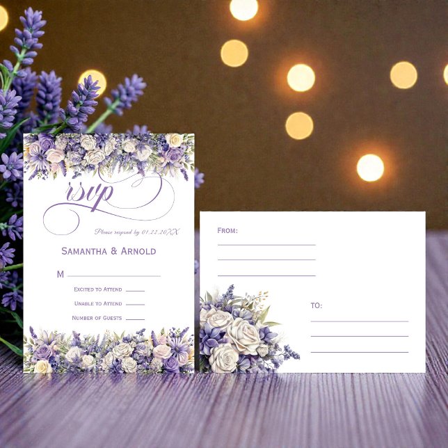 Convite de Resposta de Casamento Floral Creme Roxo (Criador carregado)