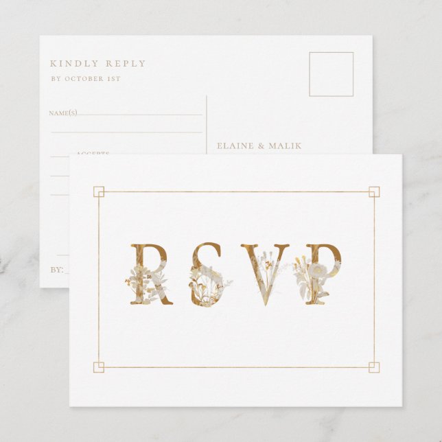 Convite de Resposta de Casamento Floral Dourado co (Frente/Verso)