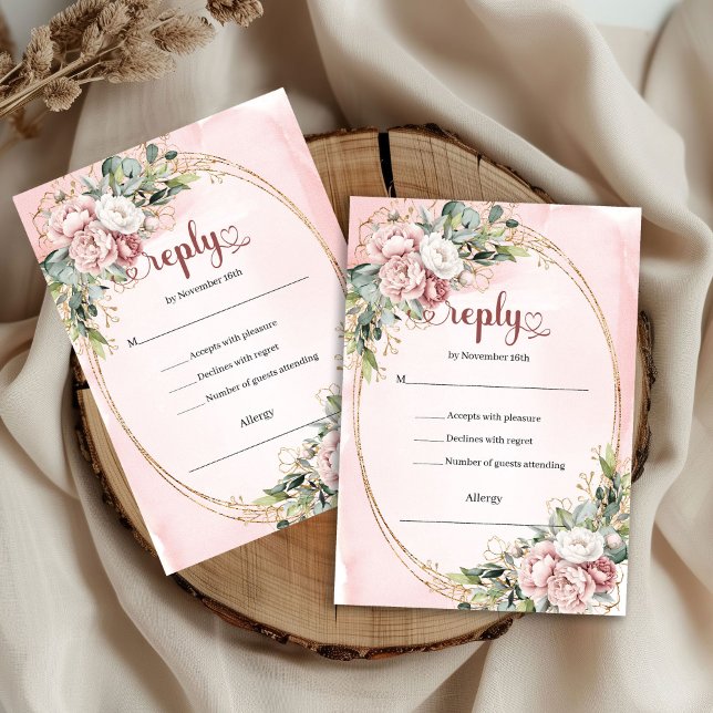 Convite de Resposta de Casamento Rosa Pastel de Lu (Luxury Pastel Pink Eucalyptus Wedding RSVP)