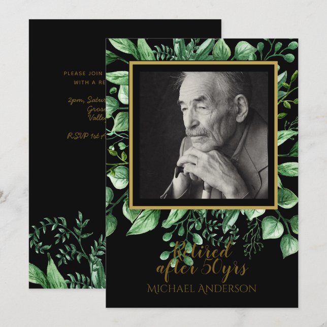 Convite de Retirada FOTO Folhas Douradas Pretas (Frente/Verso)