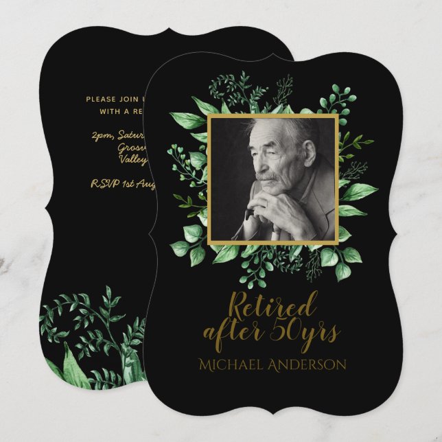 Convite de Retirada FOTO Folhas Douradas Pretas (Frente/Verso)