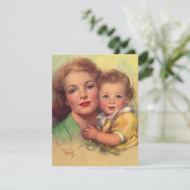 Convite de retrato de família de mãe e bebê vintag (Em pé/Frente)