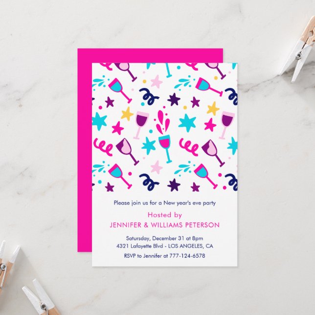 Convite de Réveillon Drinks Coquetel Rosa (Frente/Verso In Situ)
