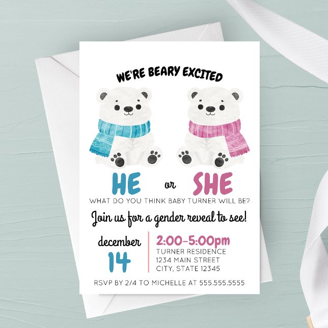 Convite de Revelação de Gênero Beary Animado (Beary Excited Winter Polar Bears Gender Reveal Party Invitation)