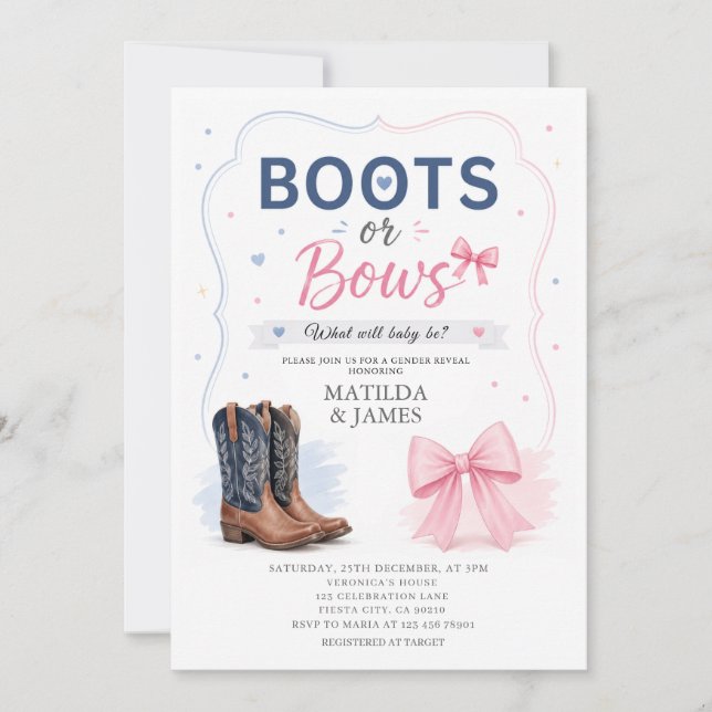 Convite de Revelação de Gênero Botas ou Laços Mode (Frente)