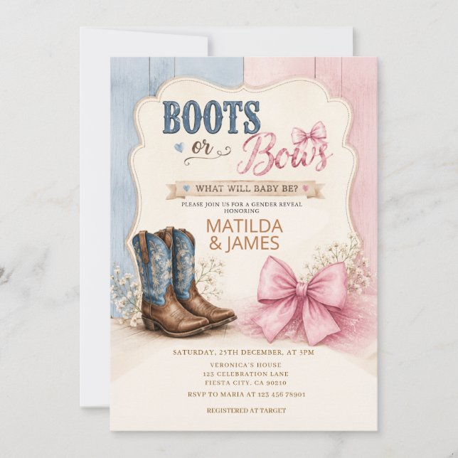 Convite de Revelação de Gênero Botas ou Laços Rosa (Frente)
