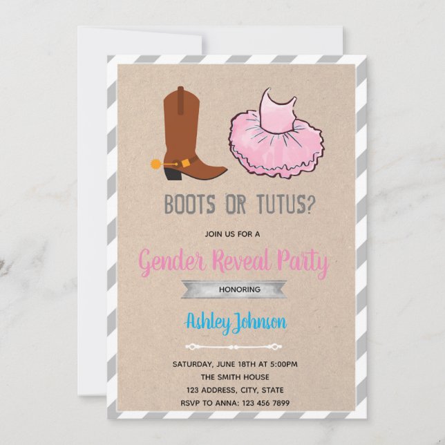 Convite de revelação de gênero Botas ou tutus (Frente)