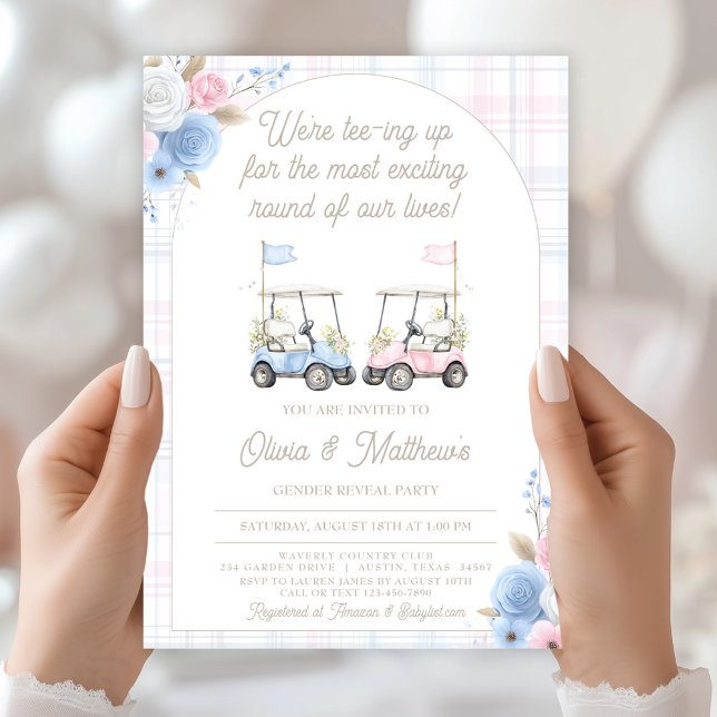 Convite de Revelação de Gênero de Golfe - Carrinho (Golf Gender Reveal Invitation – Blue & Pink Golf Carts)