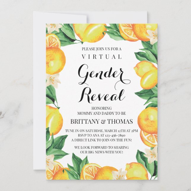 Convite de Revelação de Gênero de Limões com Texto (Frente)