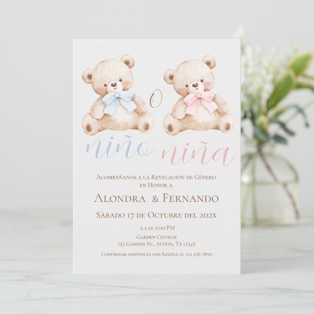 Convite de Revelação de Gênero do Ursinho Ele ou E (Em pé/Frente)
