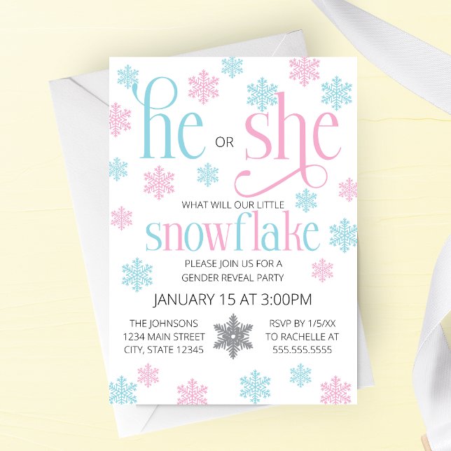 Convite de Revelação de Gênero Floco de Neve de In (He or She Snowflake Be Winter Gender Reveal Party with Pink and Blue Snowflakes)