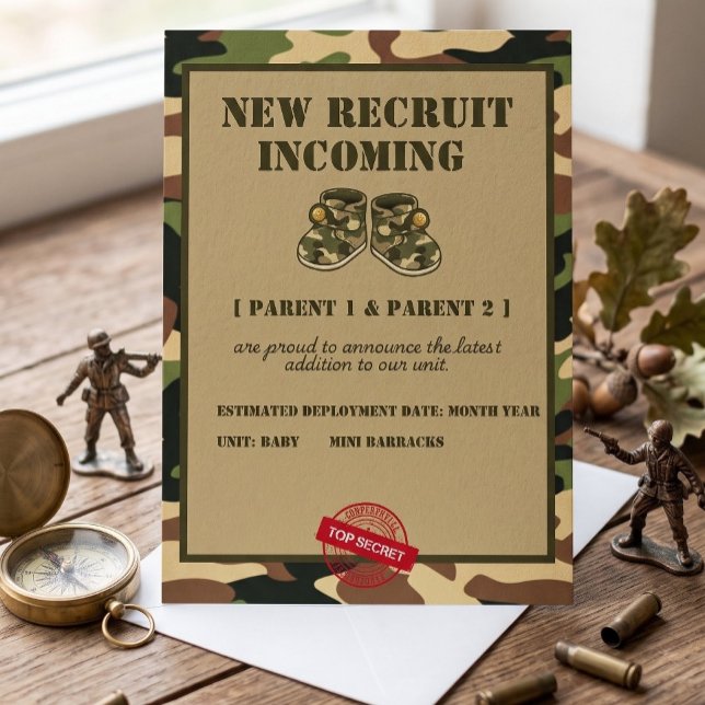 Convite de Revelação de Gênero Militar Ultra Secre (New Recruit Incoming Baby Announcement | Military Camo Gender Reveal Invitation)