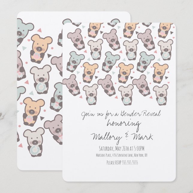 Convite de Revelação de Gênero Pastel Bears (Frente/Verso)