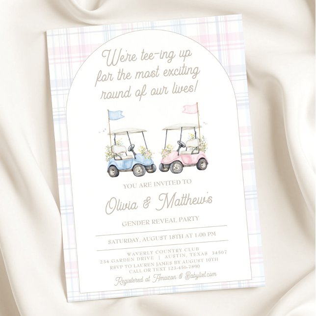 Convite de Revelação do Sexo do Bebê com Golfe - C (Golf Gender Reveal Invitation – Blue & Pink Golf Carts)