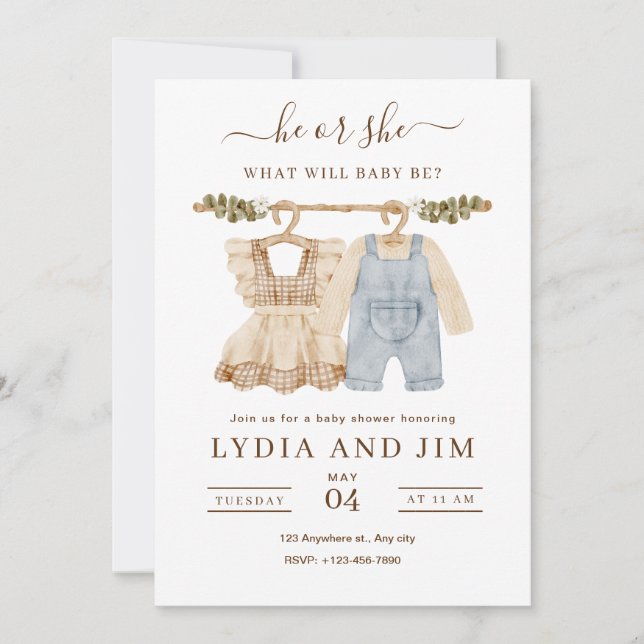 Convite de Revelação do Sexo do Bebê Roupas, Boho  (Frente)