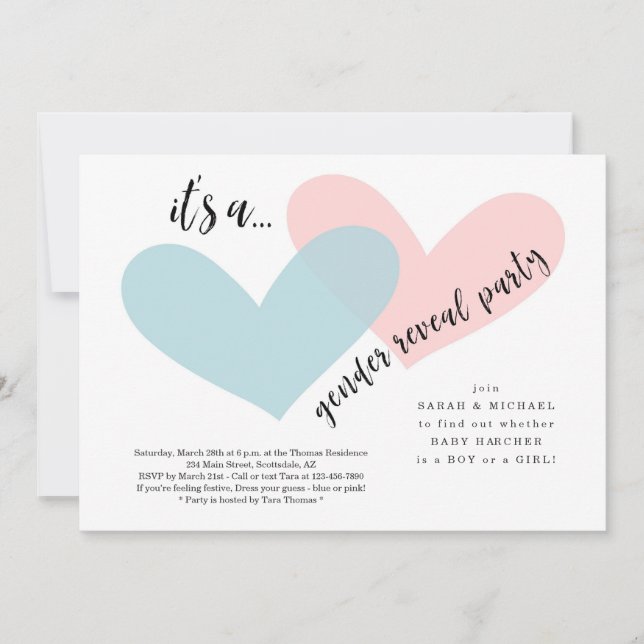 Convite de Revisão de Gênero | Corações Rosa e Azu (Frente)