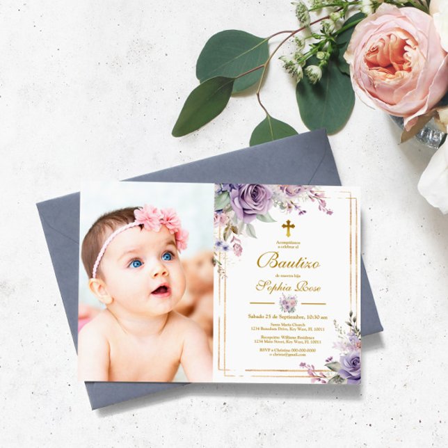 Convite de Rosas Moradas para Bautizo (Criador carregado)