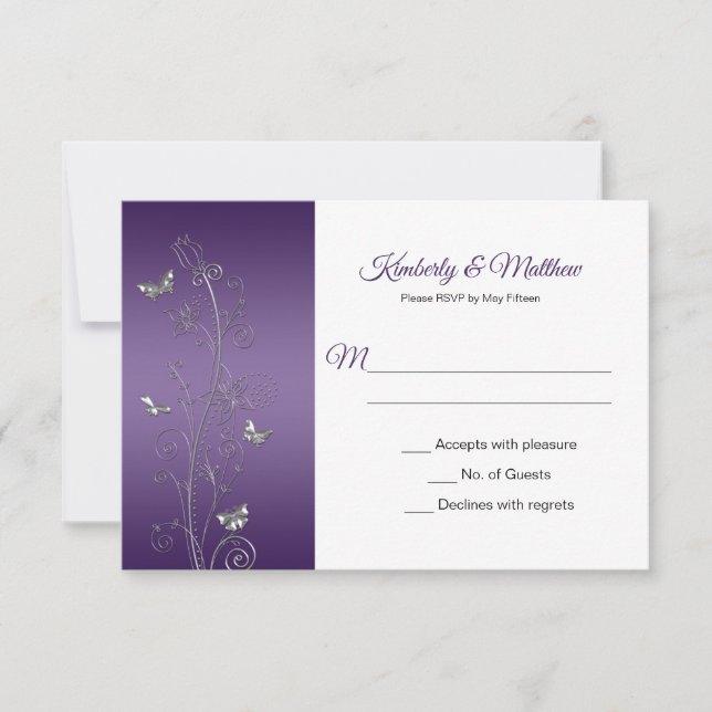 Convite de RSVP com Gradiente Roxo e Borboletas Pr (Frente)