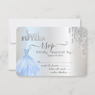Convite de RSVP de 15 anos doce vestido azul com g