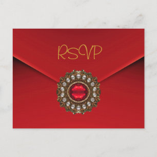 Convite de RSVP de Cartão Postal Vermelho Dourado