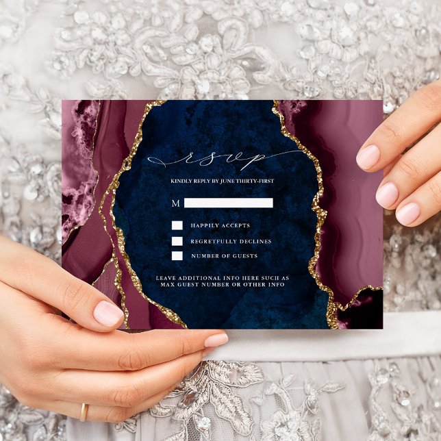 Convite de RSVP de Casamento Azul Marinho, Borgonh (Criador carregado)