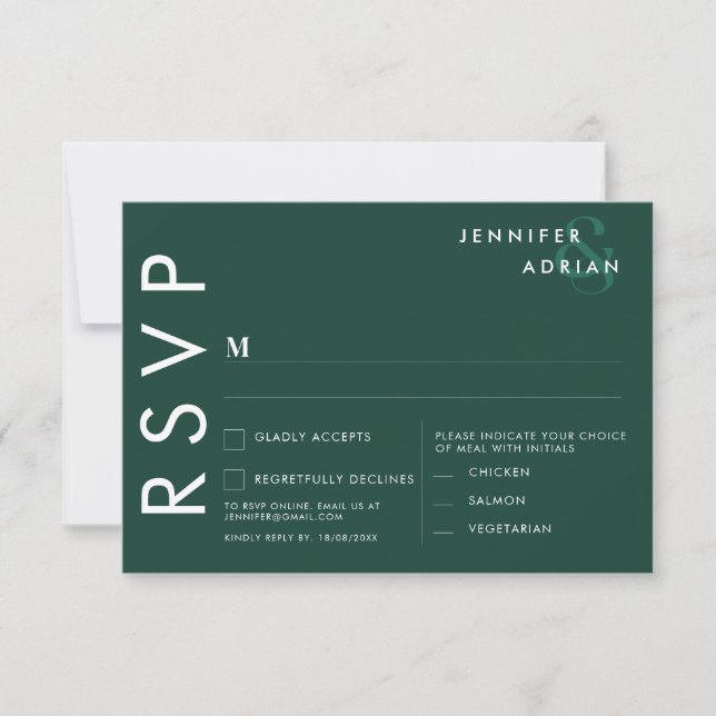Convite de RSVP de casamento moderno verde Brunswi (Frente)
