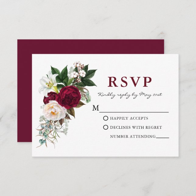 Convite de RSVP de Floral Verde Burgundy em Aquare (Frente/Verso)
