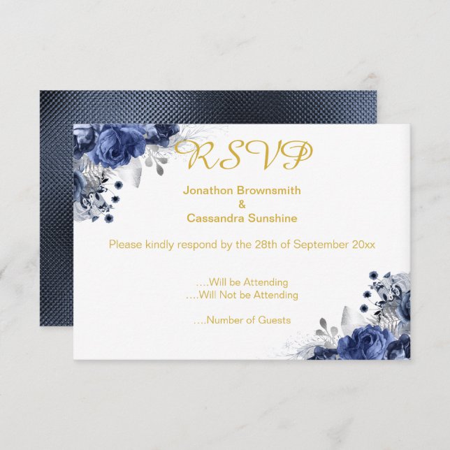 CONVITE DE RSVP DE ROSA INCORPORADO AZUL ELEGANTE (Frente/Verso)