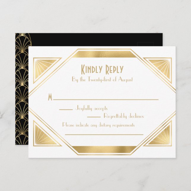 Convite de RSVP elegante Art Deco Great Gatsby Pos (Frente/Verso)